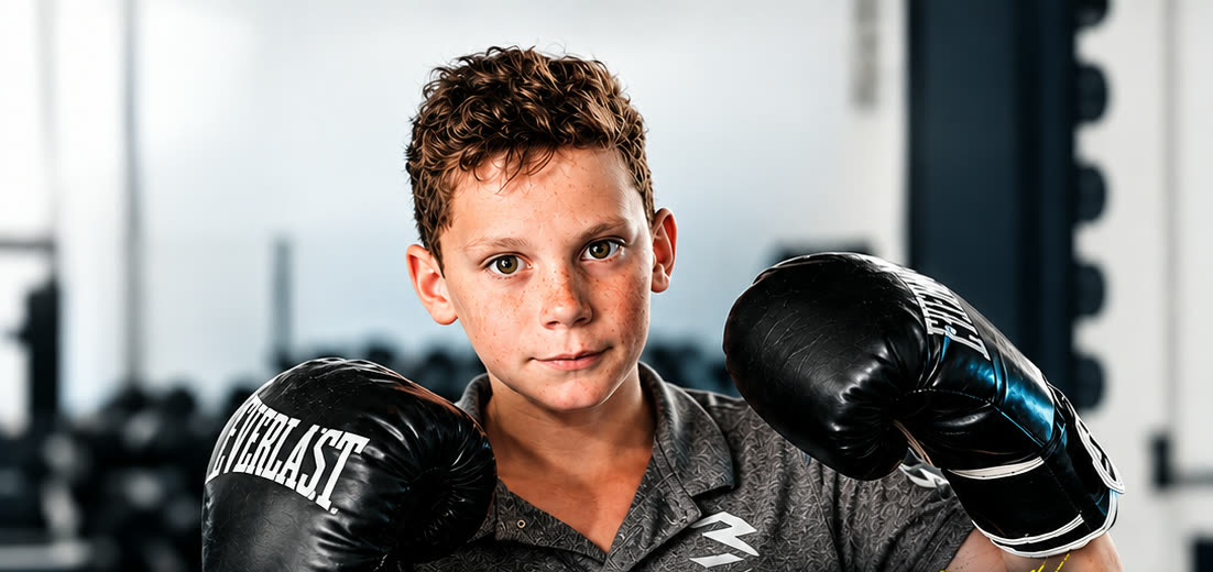 A young athlete in boxing gloves on the SWC training floor