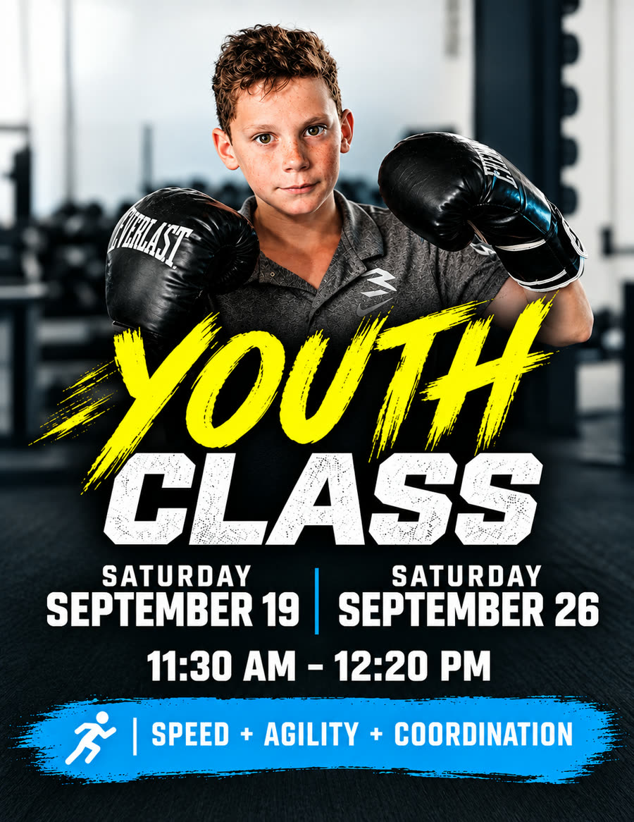 Youth Class poster: Saturday September 19 and Saturday September 26, 11:30 AM to 12:20 PM, speed plus agility plus coordination